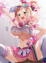 Rule 34 | 1boy, 1girl, arm up, arou (arrow x666), blonde hair, blurry, blurry background, blush, breasts, censored, character name, cheerleader, cowgirl position, crop top, facial mark, fang, girl on top, gradient hair, green eyes, hair ornament, hair ribbon, hairclip, heart, heart hair ornament, hetero, highres, hololive, large breasts, locker, locker room, looking at another, m legs, medium hair, momosuzu nene, momosuzu nene (cheerleader), mosaic censoring, multicolored hair, navel, no panties, open mouth, penis, pink armband, pink hair, pink ribbon, pink skirt, pom pom (cheerleading), ribbon, sex, shirt, short bangs, single hair ring, skirt, smile, solo focus, stomach, straddling, thighhighs, thighs, underboob, vaginal, virtual youtuber, visor cap, white shirt, white thighhighs