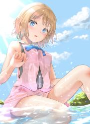 Rule 34 | 1girl, bare arms, bare legs, bare shoulders, blonde hair, blue eyes, blue ribbon, blue sky, blush, breasts, cloud, covered navel, creatures (company), day, feet out of frame, game freak, goldowl, highres, knee up, medium breasts, miniskirt, neck ribbon, nintendo, open mouth, outdoors, pink skirt, pink vest, pokemon, pokemon (anime), pokemon xy (anime), ribbon, see-through, serena (pokemon), shallow water, short hair, sitting, skirt, sky, sleeveless, solo, sunlight, vest, water, wet, wet clothes, wet skirt