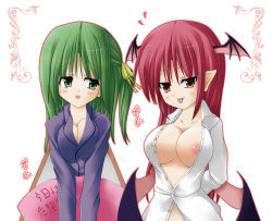 Rule 34 | 2girls, :p, blush, breasts, cleavage, daiyousei, covered erect nipples, fang, female focus, green eyes, green hair, hair ribbon, head wings, koakuma, large breasts, long hair, multiple girls, naughty face, nipple slip, nipples, no bra, open clothes, open shirt, pajamas, pillow, pointy ears, red eyes, red hair, ribbon, shirt, side ponytail, embodiment of scarlet devil, tongue, tongue out, touhou, uhyo (uhyoahya), uhyoahya, white shirt, wings