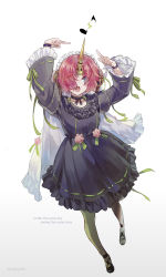 Rule 34 | 1girl, artist name, black dress, black footwear, blue eyes, bow, breasts, choker, commentary request, csyday, dress, english text, fate/grand order, fate (series), flower, frankenstein&#039;s monster (fate), frilled dress, frills, full body, green pantyhose, hair ornament, hair over eyes, highres, horns, long sleeves, looking at viewer, open mouth, pantyhose, pink hair, puffy sleeves, ribbon, shoes, short hair, simple background, single horn, smile, solo, teeth, white background