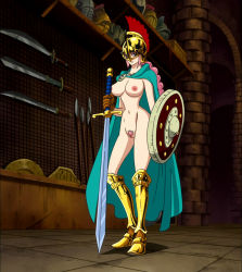 Rule 34 | 1girl, armor, braid, breasts, cape, colored pubic hair, female pubic hair, helmet, highres, large breasts, long hair, naked cape, navel, nipples, nude, nude filter, one piece, pink hair, pubic hair, pussy, rebecca (one piece), shield, solo, standing, sword, third-party edit, uncensored, weapon