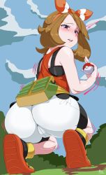 Rule 34 | 1girl, ari (ariel lopez550), ass, bandana, bare arms, bare shoulders, bike shorts, bike shorts under shorts, blue eyes, blush, brown hair, bush, creatures (company), day, from behind, from below, full body, game freak, highres, huge ass, looking at viewer, may (pokemon), may (pokemon oras), medium hair, motion lines, nintendo, open mouth, outdoors, poke ball, poke ball (basic), pokemon, pokemon oras, shoes, shorts, sky, sneakers, solo, squatting, tears, teeth