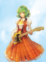 Rule 34 | 1girl, album cover, ascot, blue background, collared shirt, cover, daisy, electric guitar, fender telecaster, flower, frilled skirt, frills, gradient background, green hair, guitar, high-waist skirt, highres, instrument, iosys, juliet sleeves, kazami yuuka, long sleeves, looking at viewer, matsuda (matsukichi), open clothes, open vest, puffy sleeves, red eyes, shirt, skirt, sky, smile, solo, touhou, vest