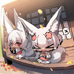 &gt;_&lt; 2girls :&lt; ^^^ absurdly_long_hair animal_ear_fluff animal_ears autumn_leaves barefoot chibi closed_eyes closed_mouth commentary_request day fox_ears fox_girl fox_tail grey_hair hair_between_eyes hair_ornament highres holding japanese_clothes kimono leaf long_hair long_sleeves multiple_girls obi open_mouth original outdoors ponytail red_eyes sash short_hair silver_fox_girl_(yuuji_(yukimimi)) sitting soles spoken_x standing tail tears veranda very_long_hair white_fox_girl_(yuuji_(yukimimi)) white_kimono wide_sleeves x_hair_ornament yuuji_(yukimimi)