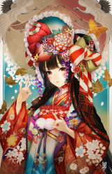 Rule 34 | 1girl, absurdres, asa no ha (pattern), bird, black hair, blunt bangs, bow, bug, butterfly, floral print, flower, hair bow, hands up, hat, highres, hori airi, insect, japanese clothes, kimono, long hair, looking at viewer, obi, orange eyes, original, print kimono, sash, smile, solo, upper body, yellow flower