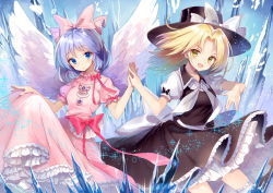 Rule 34 | &gt;:d, 2girls, :d, bad id, bad pixiv id, black skirt, blonde hair, blue eyes, blue hair, bow, clothes lift, dress, dress lift, feathered wings, hair bow, hair ribbon, holding hands, hat, hayama eishi, interlocked fingers, long hair, looking at viewer, mai (touhou), multiple girls, open mouth, petticoat, pink dress, puffy short sleeves, puffy sleeves, ribbon, short hair, short sleeves, skirt, skirt lift, smile, touhou, touhou (pc-98), v-shaped eyebrows, white wings, wings, yellow eyes, yuki (touhou)