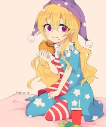 Rule 34 | 1girl, american flag dress, american flag legwear, beige background, blonde hair, blue dress, blue pantyhose, burger, clownpiece, commentary request, cup, dated, dress, drinking straw, eyes visible through hair, food, food on face, hair between eyes, hat, holding, holding food, jester cap, long hair, looking at viewer, neck ruff, no shoes, one-hour drawing challenge, pantyhose, polka dot headwear, purple eyes, purple hat, red dress, red pantyhose, short dress, short sleeves, sidelocks, simple background, sitting, smile, solo, star (symbol), star print, striped clothes, striped dress, striped pantyhose, tama (soon32281), touhou, wariza, white dress, white pantyhose
