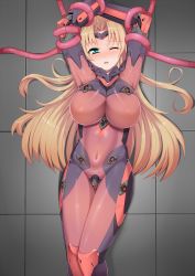 Rule 34 | 1girl, ;o, aqua eyes, bad id, bad pixiv id, blonde hair, bodysuit, breasts, covered navel, crying, highres, large breasts, long hair, mecha musume, mechanical arms, one eye closed, open mouth, original, single mechanical arm, skin tight, solo, standing, tears, tentacles, vuccha, wince, wink