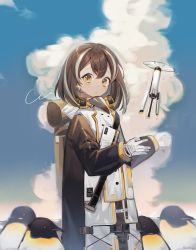 Rule 34 | 1girl, 217sian, absurdres, arknights, bird, brown hair, commentary request, cowboy shot, drone, gloves, highres, jacket, long sleeves, looking at viewer, magallan (arknights), multicolored hair, penguin, short hair, standing, streaked hair, white gloves, white hair, white jacket, yellow eyes