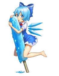 Rule 34 | 1girl, :p, bad id, bad pixiv id, barefoot, blue eyes, blue hair, blush, bow, circled 9, cirno, dress, food, full body, hair bow, highres, ice, ice wings, jagaimo (kkamja), looking at viewer, matching hair/eyes, mini person, minigirl, oversized object, popsicle, short hair, simple background, sketch, solo, tongue, tongue out, touhou, white background, wings