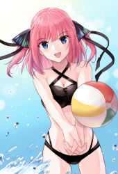 Rule 34 | 1girl, :d, akitsuki (oenothera), ball, beachball, bikini, black bikini, blue eyes, blunt bangs, blush, breasts, butterfly hair ornament, cleavage, commentary request, cowboy shot, criss-cross halter, day, go-toubun no hanayome, groin, hair ornament, hair ribbon, halterneck, highres, large breasts, lens flare, long hair, looking at viewer, nakano nino, open mouth, outdoors, own hands clasped, own hands together, pink hair, ribbon, sidelocks, sky, smile, solo, splashing, swimsuit, two side up, water, water drop