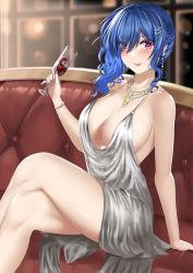 Rule 34 | 1girl, absurdres, alcohol, arikawa rui, azur lane, backless dress, backless outfit, bare shoulders, blue hair, blue nails, blush, bracelet, breasts, champagne flute, cleavage, couch, crossed legs, cup, dress, drinking glass, earrings, evening gown, grey dress, hair between eyes, hair ornament, hairclip, halter dress, halterneck, highres, holding, holding cup, indoors, jewelry, large breasts, nail polish, necklace, pink eyes, plunging neckline, revealing clothes, side ponytail, sidelocks, silver dress, sitting, smile, st. louis (azur lane), st. louis (luxurious wheels) (azur lane), thighs