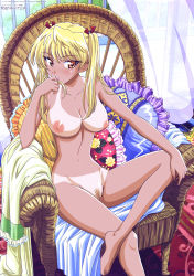 Rule 34 | 00s, 1girl, adjusting hair, barefoot, blonde hair, breasts, casual nudity, chair, curtains, feet, female pubic hair, hara yumiko, highres, large breasts, crossed legs, lipstick, long hair, makeup, megami magazine, nipples, non-web source, nude, nude filter, orange eyes, pillow, pubic hair, pussy, sawachika eri, scan, school rumble, sitting, solo, tan, tanline, third-party edit, twintails, uncensored