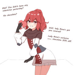 Rule 34 | 1girl, anna (fire emblem), anna (fire emblem engage), black gloves, box, chirun0, crossed bangs, dress, english text, fire emblem, fire emblem engage, gloves, heart-shaped box, holding, holding box, looking at viewer, nintendo, ponytail, red dress, red eyes, red hair, smile, solo, teeth, two-tone dress, valentine, white background, white dress