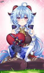 Rule 34 | absurdres, ahoge, artist name, bare shoulders, bell, black legwear, blue gloves, blue hair, blush, bow, box, breasts, chinese knot, detached sleeves, flower knot, ganyu (genshin impact), genshin impact, gift, gloves, gold trim, grass, heart-shaped box, highres, holding, holding box, horns, lewdkuma, long hair, looking at viewer, medium breasts, multicolored eyes, neck bell, red rope, ribbon, rope, sidelocks, sitting, smile, solo, thighlet, vision (genshin impact), white sleeves, yokozuwari