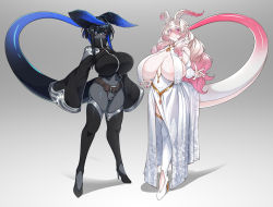 Rule 34 | 2girls, absurdres, areola slip, bare shoulders, belt, black dragon (konoshige), black hair, black legwear, black skin, blue skin, blush, boots, breasts, cleavage, colored skin, detached sleeves, dragon girl, dragon girl (konoshige), dragon horns, dragon tail, dress, full body, gradient background, gradient hair, grey background, grey skin, groin, high heels, highres, horns, huge breasts, jewelry, konoshige (ryuun), long hair, looking at viewer, maebari, monster girl, multicolored hair, multiple girls, nail polish, original, partially visible vulva, pelvic curtain, pink hair, pink nails, pointy ears, purple eyes, revealing clothes, skindentation, slit pupils, smile, standing, tail, thigh boots, thighhighs, thighs, very long hair, white dragon (konoshige), white hair
