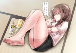Rule 34 | 1girl, baby bottle, beer can, bottle, breasts, brown hair, can, commentary request, drink can, feet, fetal position, fine fabric emphasis, from above, full body, green eyes, knees up, legs, long hair, lying, medium breasts, no shoes, office lady, ol-chan (oouso), on ground, on side, oouso, original, pacifier, pantyhose, pencil skirt, pink shirt, see-through, see-through legwear, shirt, short sleeves, skirt, soles, solo, tatami, thighband pantyhose, toes, torn clothes, torn pantyhose, translated, white pantyhose