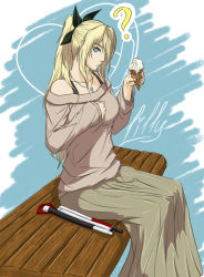 Rule 34 | 10s, 1girl, ?, bare shoulders, bench, blind, blonde hair, blue eyes, bow, cane, casual, character name, cross, drawfag, food, hair bow, holding, ice cream, ice cream cone, jewelry, katawa shoujo, long hair, long skirt, looking at viewer, necklace, off shoulder, ponytail, satou lilly, sitting, skirt, sleeves past wrists, solo, white cane