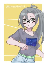 Rule 34 | 1girl, ahoge, amagiri (kancolle), black eyes, blue pants, commentary request, denim, glasses, grey hair, grey shirt, highres, jeans, kantai collection, kurano kisuke, official alternate costume, one-hour drawing challenge, pants, ponytail, shirt, side ponytail, solo, twitter username, upper body, yellow background