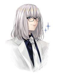 Rule 34 | 1boy, alternate costume, black shirt, blue eyes, collared shirt, commentary request, fate/grand order, fate (series), formal, glasses, highres, jacket, looking at viewer, male focus, medium hair, necktie, no wings, oberon (fate), shirt, simple background, smile, solo, sparkle, u 5ham0, undefined, upper body, white background, white hair, white jacket, white necktie