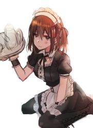Rule 34 | 1girl, alternate costume, apron, between legs, black pantyhose, blush, boots, breasts, brown eyes, brown footwear, brown hair, closed mouth, cross-laced footwear, enmaided, frills, hair ornament, hand between legs, highres, holding, holding tray, kantai collection, knee boots, lace-up boots, looking at viewer, maid, maid apron, maid headdress, medium breasts, pantyhose, puffy short sleeves, puffy sleeves, rinto (rint rnt), sendai (kancolle), sendai kai ni (kancolle), short hair, short sleeves, simple background, sitting, solo, tray, two side up, wariza, white background, wrist cuffs