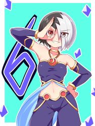 Rule 34 | 1girl, bare shoulders, black hair, breasts, cougar (cougar1404), detached sleeves, hair over one eye, halterneck, hand on own hip, looking at viewer, majin shoujo, midriff, multicolored hair, navel, pants, purple pants, red eyes, short hair, silver hair, smile, solo, standing, strapless, tube top, two-tone hair, zizou olympia