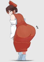 Rule 34 | 1girl, ass, bad id, bad twitter id, black eyes, bow, brown hair, commentary, cookie (touhou), detached sleeves, dress, full body, hair tubes, hakurei reimu, highres, leaning forward, looking at viewer, looking back, ohasi, open mouth, red bow, red dress, reu (cookie), ribbon-trimmed sleeves, ribbon trim, sarashi, shoes, short hair with long locks, sidelocks, simple background, solo, touhou, white footwear, white sleeves