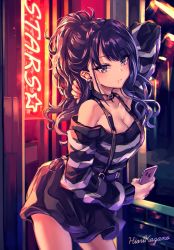 Rule 34 | 1girl, arm behind head, arm up, bare shoulders, black hair, black skirt, breasts, cellphone, character name, cleavage, closed mouth, collar, collarbone, commentary request, cowboy shot, cursive, earrings, highres, idolmaster, idolmaster shiny colors, jewelry, kazano hiori, leaning forward, long hair, long sleeves, looking at viewer, medium breasts, mole, mole under mouth, nail polish, neon lights, off-shoulder shirt, off shoulder, phone, ponytail, purple eyes, shashaki, shirt, sidelocks, skirt, solo, standing, striped clothes, striped shirt, suspenders, wavy hair