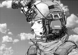 Rule 34 | 1girl, american flag, closed mouth, cloud, coat, commentary, ear protection, english commentary, helmet, high collar, highres, instagram username, looking to the side, migrainxxl, night vision device, original, portrait, short hair, smile, solo, twitter username