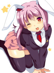Rule 34 | 1girl, ;d, all fours, animal ears, bad id, bad pixiv id, black thighhighs, blush, female focus, long hair, matatabi maru, necktie, one eye closed, open mouth, pink hair, rabbit ears, rabbit girl, rabbit tail, red eyes, red necktie, reisen udongein inaba, simple background, skirt, smile, solo, star (symbol), tail, thighhighs, touhou, white background, wink, zettai ryouiki