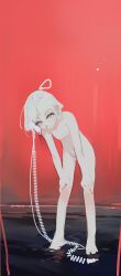 Rule 34 | 1girl, absurdres, cable, completely nude, highres, leaning forward, looking at viewer, nude, original, polilla, short hair, solo, standing, white eyes, white hair