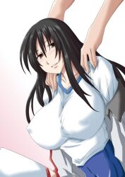 Rule 34 | 1girl, 1other, a certain high school gym uniform, ambiguous gender, black hair, breasts, brown eyes, commentary request, covered erect nipples, fukiyose seiri, gradient background, gym shirt, gym uniform, hair between eyes, huge breasts, jacket, light blush, light smile, long hair, looking at viewer, no emblem, nonnon (yudenonno), open clothes, open jacket, shirt, sidelocks, solo, toaru majutsu no index, upper body, white jacket, white shirt