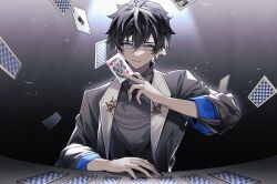 Rule 34 | 1boy, ace (playing card), black background, black hair, black jacket, blue eyes, card, charlemagne (fate), closed mouth, dark background, dullnoko, earrings, fate/grand order, fate (series), glint, grey sweater, hair between eyes, highres, holding, holding card, jacket, jewelry, king (playing card), light, light smile, looking at viewer, male focus, multicolored hair, playing card, short hair, sleeves rolled up, smile, solo, sweater, table, turtleneck, two-tone hair, upper body, white hair