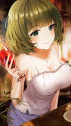 Rule 34 | 1girl, absurdres, alcohol, artist request, bad id, bad pixiv id, bare shoulders, blue eyes, blue skirt, blurry, blurry background, breasts, brown hair, camisole, cleavage, cup, drinking glass, green eyes, heterochromia, highres, hip focus, idolmaster, idolmaster cinderella girls, indoors, jewelry, large breasts, mole, mole under eye, necklace, short hair, sitting, skirt, smile, solo, swept bangs, takagaki kaede, white camisole, wine, wine glass