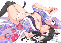Rule 34 | 1girl, ?, absurdres, animal ears, black hair, black thighhighs, blush, bottle, breasts, cat ears, cat tail, cleavage, floral print, highres, japanese clothes, kimono, large breasts, looking at viewer, lying, miden (setoharu kano), navel, on back, open mouth, original, panties, purple eyes, sake bottle, solo, tail, thighhighs, underwear, white panties, yukata