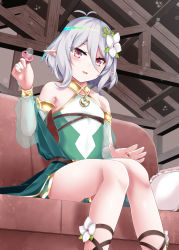 Rule 34 | 1girl, antenna hair, bare shoulders, blush, couch, detached sleeves, dress, flower, frilled pillow, frills, green sleeves, hair between eyes, hair flower, hair ornament, holding, indoors, kokkoro (princess connect!), lap pillow invitation, long sleeves, looking at viewer, mimikaki, on couch, parted lips, patting lap, pillow, pointy ears, princess connect!, puffy long sleeves, puffy sleeves, red eyes, see-through, see-through sleeves, shirosuzu, silver hair, sitting, sleeveless, sleeveless dress, smile, solo, white dress, white flower