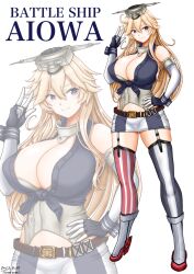 Rule 34 | 1girl, american flag legwear, asymmetrical legwear, blonde hair, blue eyes, breasts, cleavage, elbow gloves, front-tie top, garter straps, gloves, hair between eyes, headgear, highres, huge breasts, iowa (kancolle), kantai collection, long hair, miniskirt, mismatched legwear, skirt, smile, standing, star-shaped pupils, star (symbol), striped clothes, striped skirt, striped thighhighs, symbol-shaped pupils, thighhighs, ura tomomi, vertical-striped clothes, vertical-striped thighhighs, very long hair, zoom layer