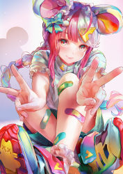 Rule 34 | 1girl, :3, ahoge, animal ears, aqua bow, bandaid, bandaid on leg, bare arms, blush, bobby socks, bow, braid, braided ponytail, cheese hair ornament, chinese zodiac, closed mouth, colored eyelashes, colorful, commentary request, crossed ankles, crossed legs, double v, fake animal ears, food-themed hair ornament, frilled sleeves, frills, green shorts, hair bow, hair ornament, hair tubes, heart, heart in eye, highres, knees up, long hair, mole, mole under eye, mouse ears, mouse hair ornament, multicolored footwear, multicolored hair, original, outstretched arms, pink eyes, pink hair, red hair, shadow, shirt, shoe soles, shoes, short sleeves, shorts, sidelocks, single braid, sitting, smile, sneakers, socks, solo, split-color hair, symbol in eye, tocope, two-tone hair, v, very long hair, white hair, white shirt, white socks, year of the rat