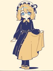 Rule 34 | 1girl, black dress, black pantyhose, blonde hair, blue eyes, closed mouth, collared dress, dress, full body, hair between eyes, hat, highres, long sleeves, looking at viewer, maribel hearn, mob cap, nama udon, pantyhose, shoes, short hair, simple background, smile, solo, touhou, white hat, yellow background, yellow footwear
