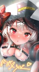 Rule 34 | 1girl, animal hood, arms up, black collar, black hair, blush, bow, breasts, camisole, caution, caution tape, cleavage, collar, downblouse, ear piercing, earrings, ellieka sama, frilled camisole, frills, from above, grey hair, hair ornament, heart, heart-shaped pupils, heart collar, heart pendant, highres, hololive, hood, jewelry, large breasts, looking at another, looking at viewer, looking up, multicolored hair, open mouth, orca hood, piercing, plaid, plaid bow, red eyes, sakamata chloe, solo, standing, streaked hair, symbol-shaped pupils, virtual youtuber, white camisole, x hair ornament