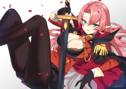 Rule 34 | 1girl, azur lane, black cape, black skirt, blue eyes, blurry, blurry foreground, blush, breasts, brown gloves, brown pantyhose, cape, cleavage, depth of field, duke of york (azur lane), earrings, epaulettes, feet out of frame, gloves, gradient background, grey background, hair spread out, holding, holding sword, holding weapon, jacket, jewelry, large breasts, long hair, long sleeves, looking at viewer, lying, military, military uniform, multicolored cape, multicolored clothes, on back, pantyhose, parted bangs, petals, pink hair, pointy ears, red cape, red jacket, rose petals, skirt, smile, solo, supershiruco, sword, thighband pantyhose, twitter username, uniform, weapon
