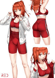 Rule 34 | 1girl, ?, absurdres, ass, bike shorts, blush, bra, breasts, cameltoe, cleavage, earphones, earrings, highres, jacket, jewelry, looking at viewer, medium breasts, multiple views, nail polish, open clothes, open jacket, original, pixel (yuxian), ponytail, red bra, red eyes, red hair, red nails, red shorts, shorts, simple background, sports bra, sweat, underwear, white background, white jacket, zipper