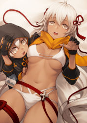 Rule 34 | 2girls, ahoge, banned artist, bed sheet, bikini, black gloves, black jacket, breasts, cleavage, commentary request, dark-skinned female, dark skin, fate/grand order, fate (series), gloves, groin, hair between eyes, hood, hood up, hooded jacket, jacket, kyoeiki, long hair, long sleeves, looking at viewer, lying, medium breasts, multi-strapped bikini, multiple girls, navel, okita souji (fate), okita souji alter (fate), okita souji alter (swimsuit saber) (fate), on back, open mouth, orange scarf, partial commentary, rengoku (fate), scarf, shadow, shrug (clothing), sidelocks, stomach, strap pull, swimsuit, thigh strap, underboob, very long hair, white bikini, white eyes, white hair