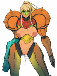 Rule 34 | 1girl, adapted costume, arm cannon, blonde hair, breasts, lactation, large breasts, looking at viewer, metroid, nintendo, nipples, ponytail, power suit, pussy, pussy juice, r4, samus aran, solo, uncensored, weapon
