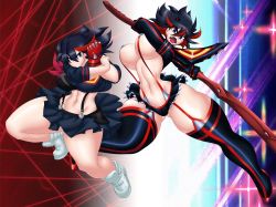 Rule 34 | 1girl, absurdres, angry, black footwear, black hair, black skirt, black thighhighs, blue eyes, boots, breasts, closed mouth, full body, gloves, hair between eyes, highres, kill la kill, kyelyn, large breasts, legs, looking at viewer, matoi ryuuko, midriff, miniskirt, multicolored hair, multiple views, narrow waist, navel, open mouth, pleated skirt, red background, red gloves, red hair, revealing clothes, school uniform, senketsu, shoes, short hair, single glove, skirt, sneakers, suspenders, sword, teeth, thick thighs, thigh boots, thighhighs, thighs, tongue, two-tone hair, underboob, weapon