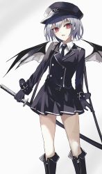 Rule 34 | 1girl, alternate costume, arm at side, bat wings, belt buckle, black footwear, black gloves, black headwear, black necktie, black skirt, boots, buckle, collared shirt, earrings, feet out of frame, gloves, gradient background, green night, highres, holding, holding sword, holding weapon, jewelry, knee boots, long sleeves, looking at viewer, miniskirt, necktie, parted lips, pleated skirt, purple eyes, remilia scarlet, shirt, short hair, simple background, skirt, solo, standing, sword, touhou, uniform, weapon, white background, white shirt, wings