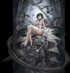 1girl alternate_costume animal bare_shoulders barefoot bird black_hair breasts character_request cleavage closed_mouth collar dress earrings eyepatch flower flower_ornament grey_eyes hair_between_eyes highres indoors iron_saga jewelry large_breasts legs long_hair looking_at_viewer official_art serenity_(iron_saga) sitting sleeveless sleeveless_dress solo thighhighs very_long_hair white_dress white_flower