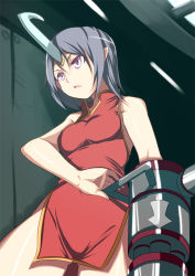 Rule 34 | 1girl, china dress, chinese clothes, cowboy shot, dress, indoors, johnny funamushi, machinery, original, purple eyes, red dress, serious, side slit, silver hair, solo, standing, thighs
