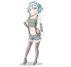 Rule 34 | 1girl, blue hair, frfr, hairband, hand on own hip, hip focus, midriff, original, short shorts, shorts, solo, strapless, suspenders, thighhighs, tube top, yellow eyes