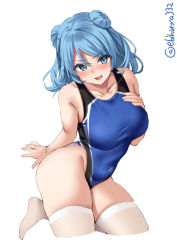 Rule 34 | 1girl, alternate costume, black one-piece swimsuit, blue eyes, blue hair, blue one-piece swimsuit, blush, breasts, collarbone, competition swimsuit, cowboy shot, double bun, ebifurya, hair bun, hand on breasts, hand on own chest, highres, kantai collection, large breasts, looking at viewer, one-piece swimsuit, simple background, solo, swimsuit, thick thighs, thighhighs, thighs, twitter username, two-tone swimsuit, urakaze (kancolle), white background, white thighhighs